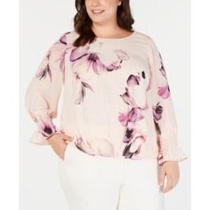 Alfani Plus Size Pleated Tuck-Front Blouse, Pink Grid, 0X